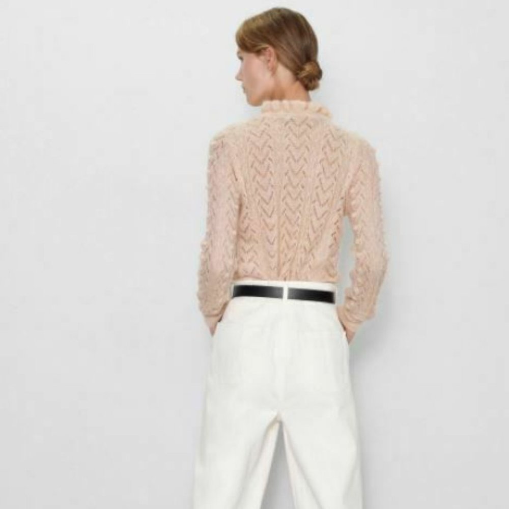 Zara Womens Pink Sweater Ruffle Trim Pointelle - Picture 3 of 7
